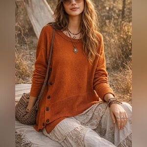 Tahari Burnt Orange Crew Neck earthy boho Sweater Size small